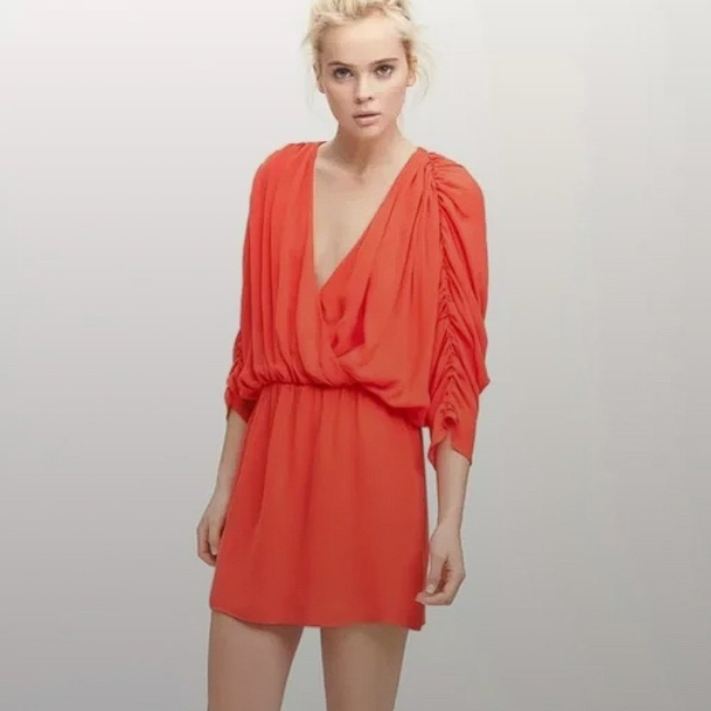 Parker Red Silk Plunge Ruched Sleeve Mini Dress - Picture 2 of 11